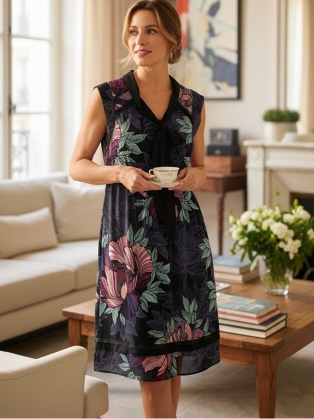 Anthropologie MAEVE Brelin Floral Bow Tie Midi Dress Sleeveless Small